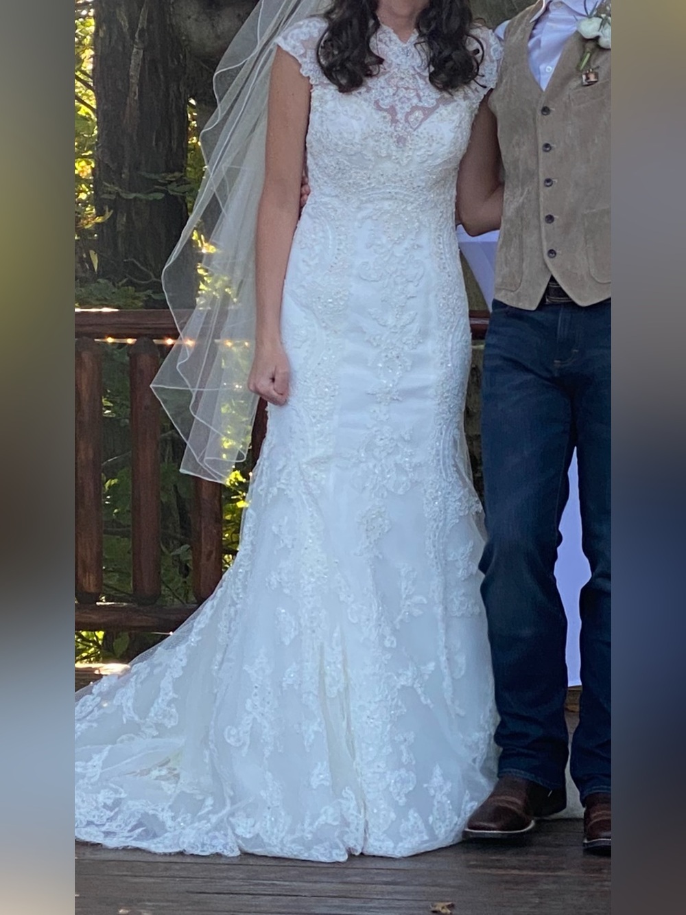 Casablanca Bridal Lace Fit-and-Flare Wedding Gown with Illusion Neckline + veil